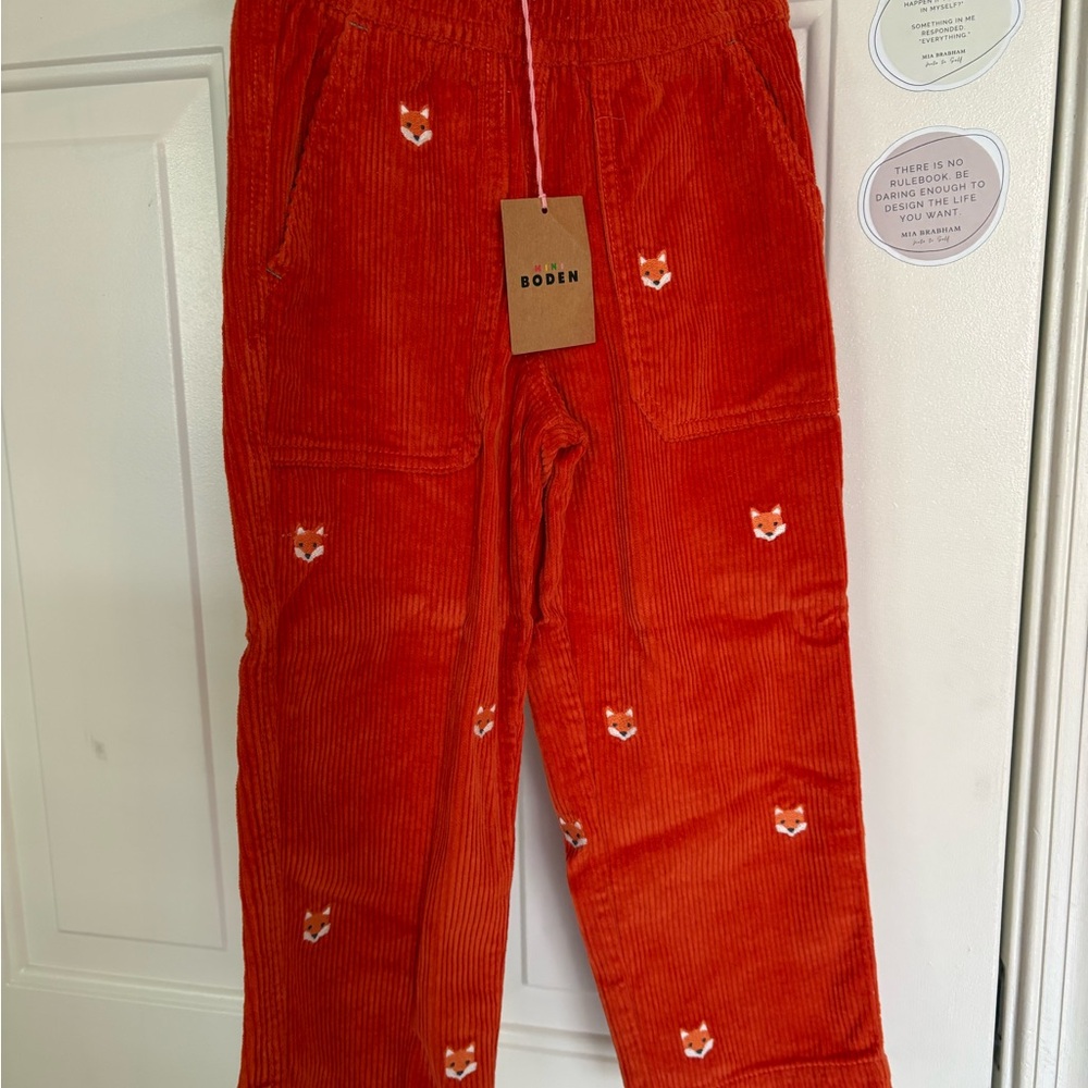 Mini Boden NWT Bright Orange Corduroy Trousers with Fox Detail